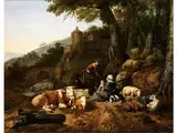 Hirtenfamilie und Herde bei der Rast by Johan Heinrich Roos, oil on canvas, offered Mar 2015