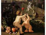 Parkanlage mit Putti und Früchten by Abraham Brueghel, oil on canvas, sold Mar 2025