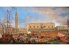 Bucintoro vor dem Dogenpalast by Luca Carlevaris, oil on canvas, sold Dec 2024
