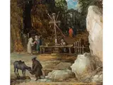 Ä. (1568 – 1625) Felslandschaft mit Eremiten in der Einsiedelei by Josse de Momper d. J., oil on panel, sold Sep 2024