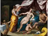Venus und Mars mit der Schmiede Vulkans im Hintergrund by Johann Rottenhammer d. Ä., oil on copper, sold Jun 2019