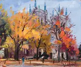 Fall Colours, The Cathedral, London, Ontario by Daniel Izzard, 1992, oil on board, sold Sep 2020