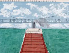 M. Anderson Mackinac Bridge by Angus Trudeau, mixed media on board, sold Sep 2020