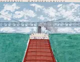 M. Anderson Mackinac Bridge by Angus Trudeau, mixed media on board, sold Sep 2020