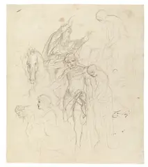 Figurenstudien by Moritz von Schwind, Feder in Grau auf grundiertem Bütten (Wasserzeichen: C & I HONIG), sold Nov 2013