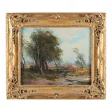 Landscape with Hunter & Hound by Charles Relyea, Oil on canvas (lined), sold Oct 2023