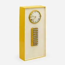 Table clock by Modern, c. 1950, painted wood, glazed ceramic, glass, painted aluminum, sold Aug 2022