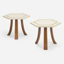 Occasional tables, pair by Harvey Probber, c. 1960, terrazzo, mahogany, brass, sold Aug 2022