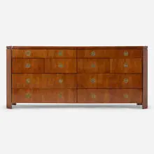 Cabinet by Charles Pfister, 1989, primavera, satinwood, brass, sold Aug 2022