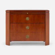 Nightstand by Charles Pfister, 1989, primavera, satinwood, brass, sold Aug 2022