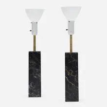 Table lamps, pair by Walter von Nessen, c. 1960, marble, brass, milk glass, enameled steel, sold Aug 2022