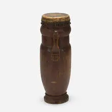 Drum by Senufo, carved wood, hide, leather, steel, sold Aug 2022