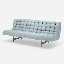 Sofa by Modern, c. 1970, upholstery, matte chrome-plated steel, sold Aug 2022