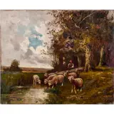 Untitled (Shepardess with Sheep) by Albert Charpin, oil on canvas, sold Mar 2024