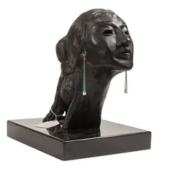 Untitled by R. C. Gorman, bronze with metal pedestal and turquoise and stone earrings, sold Mar 2024