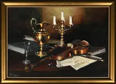 Still Life with Violin by Denzil Herring, oil on board, sold Aug 2026