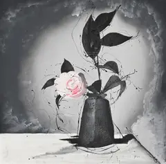Still Life with Pink Rose by Abe Opperman, acrylic and enamel on canvas, sold Aug 2026