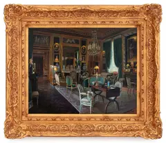 Interior Scene of the Salon at the Chateau de Champs de Bataille by S. Lee, Oil on Panel, sold Jul 2025