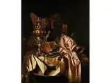 Stillleben mit Goldenem Prunkpokal, Goldschale, Flöte und Seifenblasen auf Einem Tisch mit Rosafarbenem Seidentuch by Franciscus Gysbrechts, oil on canvas, offered Sep 2017