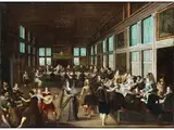 Feiernder Hochzeitsgesellschaft by Louis de Caullery, um 1580 Cambrai – um 1621 Antwerpen, oil on copper, sold Mar 2023