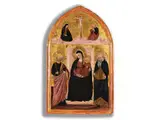 Darstellung von Madonna mit Kind, Kreuzigungsszene und Heiligen by Pseudo-Ambrodigio di Baldese, tempera, sold Jun 2024