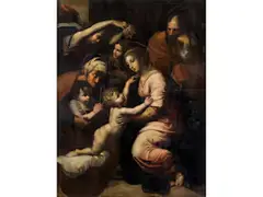 Die Heilige Familie mit Heiliger Elisabeth, Johannesknaben und Zwei Engeln by Raphael, oil on canvas, sold Sep 2024