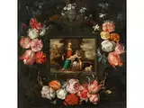 Die Heilige Familie mit dem Johannesknaben in Blumenkartusche by Jan Brueghel d. J., 1601 Antwerpen - 1678 ebenda, oil on copper, sold Sep 2020