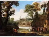 Italienische Landschaft mit der Predigt Johannes des Täufers by Herman van Swanevelt, oil on canvas, sold Sep 2024