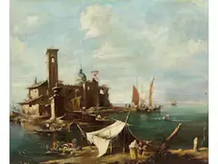 Venezianische Küste mit Fischerzelt by Francesco Guardi, oil on canvas, sold Mar 2026