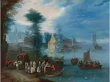 Flusslandschaft mit Booten an Einer Anlegestelle und Reisenden am Ufer by Joseph van Bredael, oil on copper, sold Dec 2023
