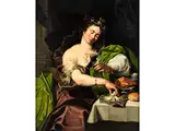 La Zingara – Junge Dame mit Weinglas und Artischocken by Abraham Janssens, oil on canvas, sold Mar 2024