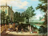 Ein Elegantes Paar Besucht Einen Garten in der Nähe Eines Herrenhauses by Peeter Gysels, oil on copper, sold Jun 2024