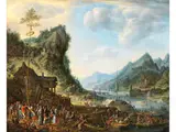 Maitanz in Bergiger Flusslandschaft by Herman Saftleven, oil on canvas, sold Mar 2025