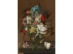Glasvase mit Blumengebinde by Ambrosius Bosschaert d. J., oil on copper, sold Mar 2023
