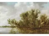 Flusslandschaft mit Holzschuppen vor Bäumen by Jan Jozefsz. van Goyen, oil on panel, offered Mar 2025