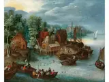 Weite Flusslandschaft mit Schiffen und Figuren by Jan Brueghel d.J., oil on panel, sold Jun 2021