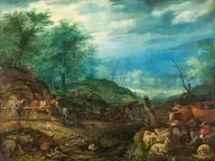 Landschaft mit Hirten und Pferdewagen by Roelant Savery, oil on copper, sold Jun 2021