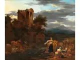 Landschaft im Licht Eines Späten Nachmittags mit Antikem Tempel der Sibylle by Nicolaes Pieterszoon Berchem, oil on canvas, sold Dec 2023