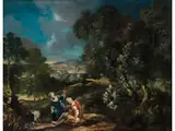 Bewaldete Landschaft mit Hirtinnen by Giuseppe Maria Crespi, oil on canvas, offered Mar 2026