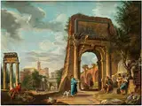 Blick auf das Forum Romanum vom Titusbogen Aus, mit Figuren by Giovanni Paolo Panini, oil on canvas, sold Sep 2015