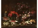 Grosses Stillleben mit Hummer, Erdbeeren, Blumen und Morcheln by Felice Boselli, oil on canvas, offered Jul 2018
