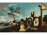 Landschaft mit Ruinencapriccio und Staffagefiguren by Pietro Antonio Domenichini, oil on canvas, sold Jun 2024