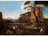 Paesaggio Laziale con Pastori e un Villaggio Fortificato - Latium, Landschaft mit Hirten und Dorf mit Befestigungsmauern by Michelangelo Cerquozzi, oil on canvas, sold Mar 2015