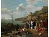Handelsszene am Hafen mit Blick auf Eine Italienische Stadt by Johannes Lingelbach, oil on canvas, offered Sep 2019