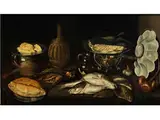 Stillleben mit Fischen, Brot, Zwiebeln, Einer Weinflasche und Geschirr by Paolo Antonio Barbieri, oil on canvas, offered Sep 2016