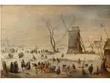 Eisvergnügen in Weiter Polderlandschaft mit Grosser Windmühle by Hendrick Avercamp, oil, sold Dec 2016