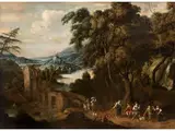 Baumlandschaft mit Flusslauf, Ruine und Figurenstaffage by Cornelis Huysmans, oil on canvas, offered Apr 2018