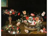 Blumenstillleben mit Tazza, Korb, Kranz und Papagei by Jan van Kessel d. J., oil on copper, sold Sep 2020