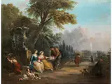 Parklandschaft mit Schloss und Blumen Überbringendem Jungen Mann by Jean-Baptiste Lallemand, oil on canvas, sold Sep 2020