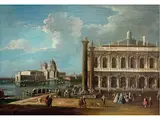 Blick Über die Piazzetta auf die Punta Della Dogana und die Chiesa Santa Maria Della Salute by Apollonio Domenichini, oil on canvas, sold Jun 2022